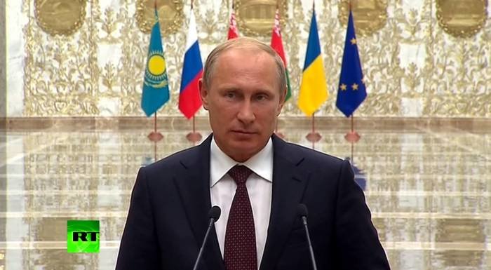 Пресс-подход Владимира Путина по итогам переговоров с президентом Украины Петром Порошенко